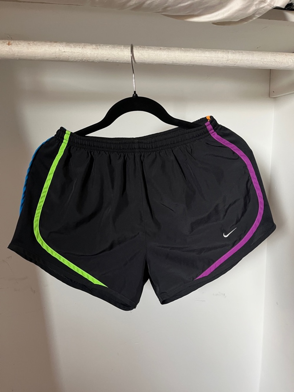 Nike Black Women's Athletic Shorts with Neon Green and Purple Trim